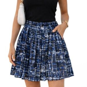 Aqua Blue Abstract Print Pleated Mini Skirt XS Elastic Waist